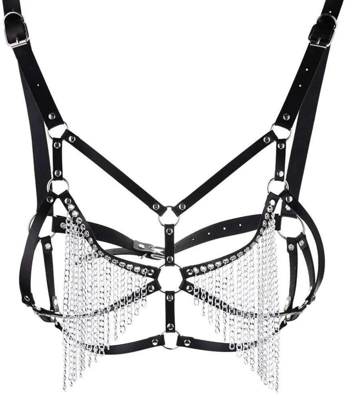 Damen Harness Body Kette Punk Leder Brustgurt Quaste BH Einstellbar Gothic