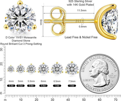 KRKC&CO Moissanite Ohrringe 925 Silber Damen 1,0 Karat D VVS1 14K Gold; allergiefrei 5,0 mm