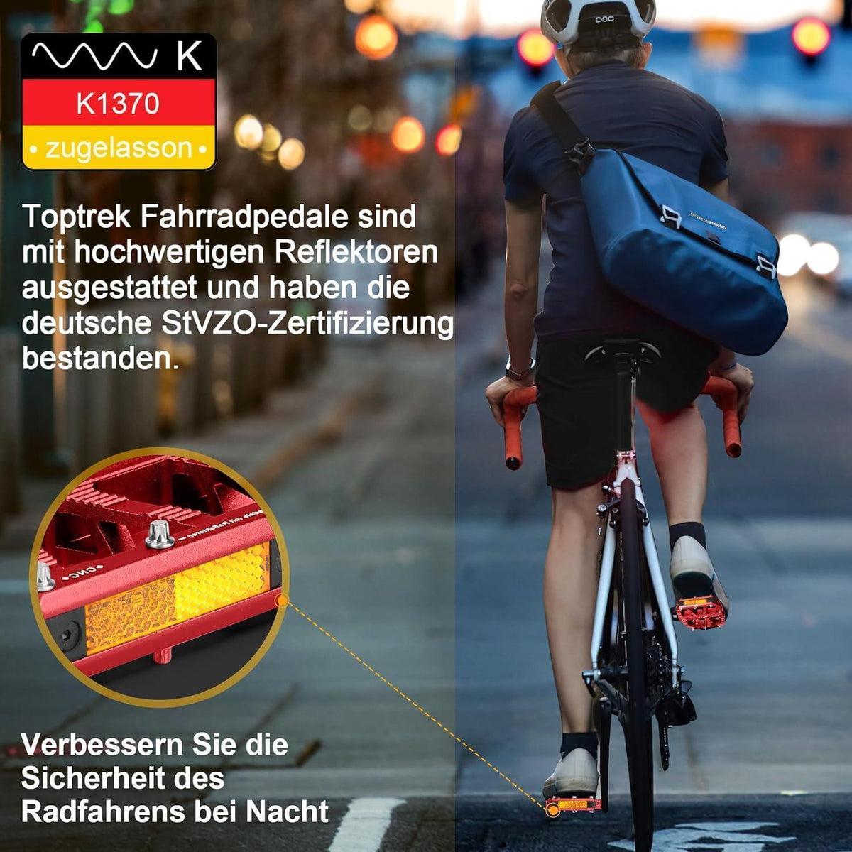 Fahrradpedale mit StVZO Reflektoren, CNC Aluminium, rutschfest, 3 Lager, Rot