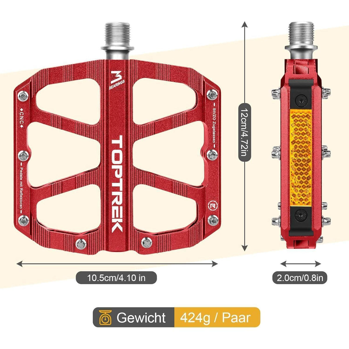 Fahrradpedale mit StVZO Reflektoren, CNC Aluminium, rutschfest, 3 Lager, Rot