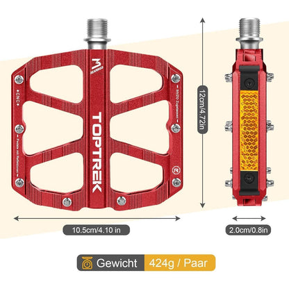 Fahrradpedale mit StVZO Reflektoren, CNC Aluminium, rutschfest, 3 Lager, Rot