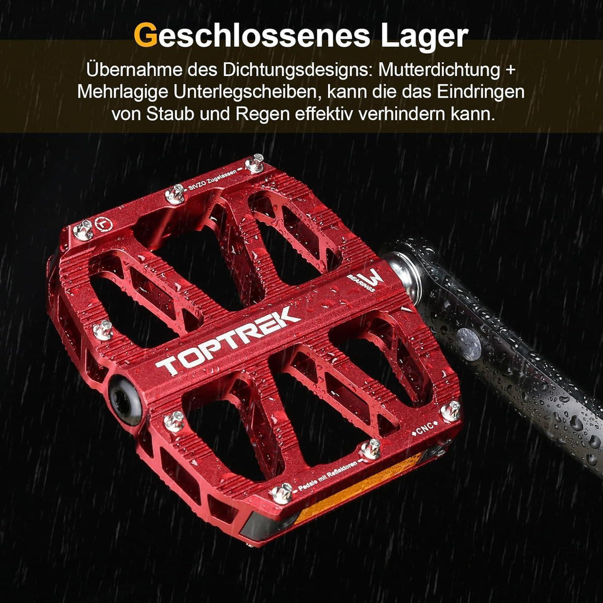 Fahrradpedale mit StVZO Reflektoren, CNC Aluminium, rutschfest, 3 Lager, Rot