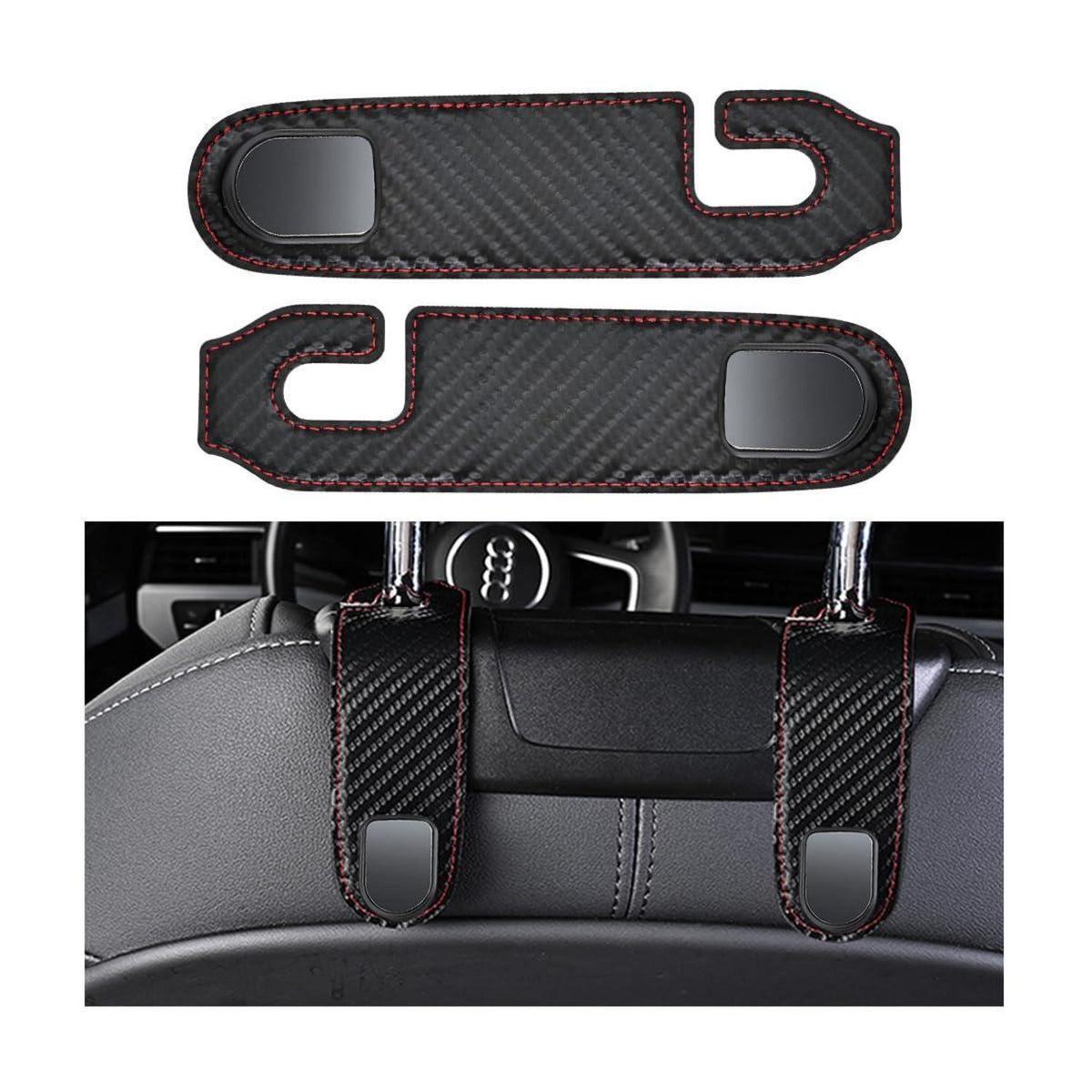 2x Auto Haken für Handtasche & Kopfstütze –, Schwarz in Lederoptik