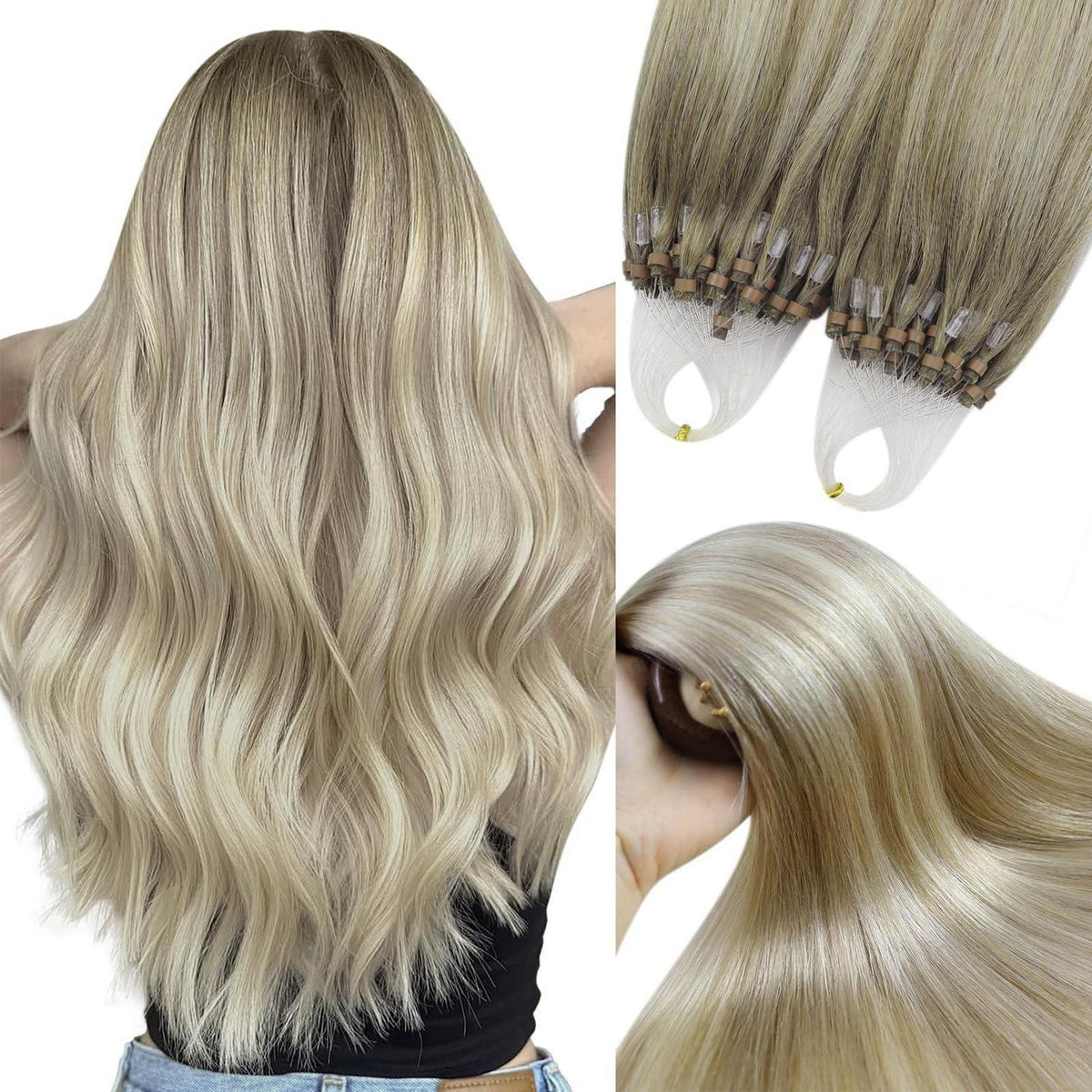 Echthaar Microring Extensions Ombre Aschblond 50cm