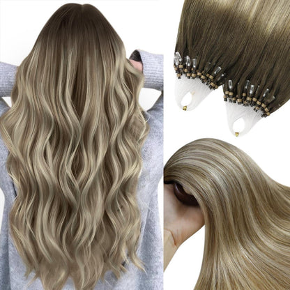 Echthaar Microring Extensions Braun Balayage Blond 60cm