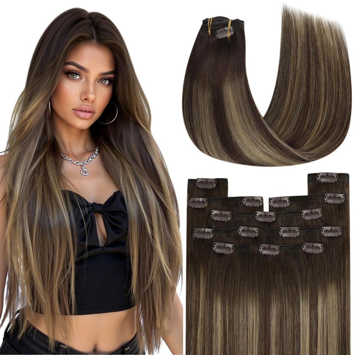 Clip-in Echthaar Extensions Ombre Blond Braun 45cm