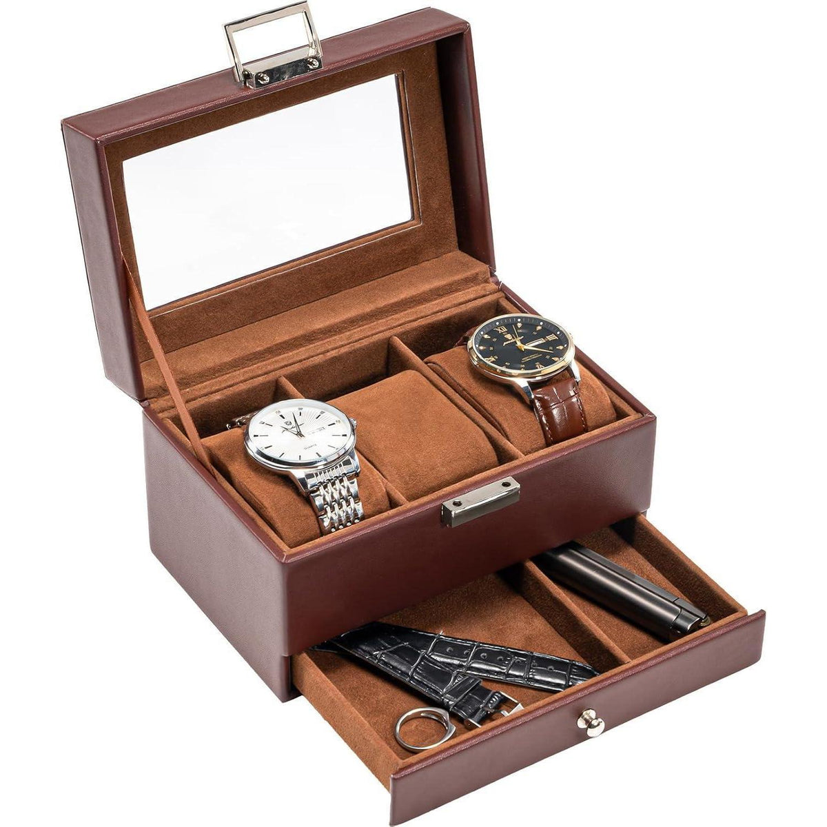 Uhrenbox mit 3 Fächern und Glasdeckel, Espresso