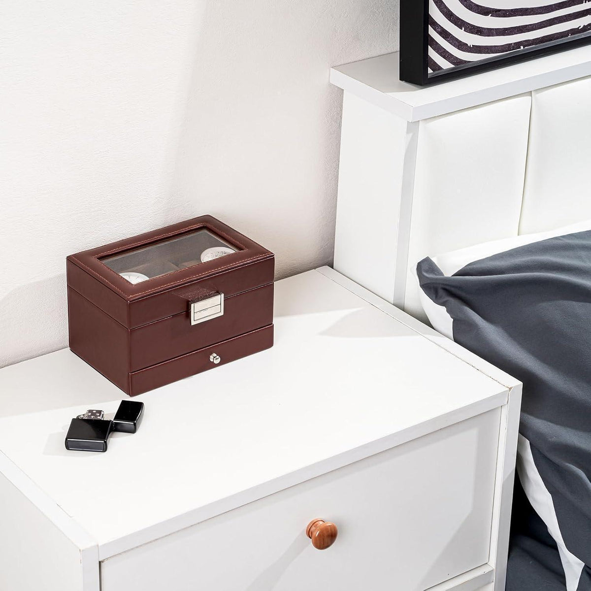 Uhrenbox mit 3 Fächern und Glasdeckel, Espresso