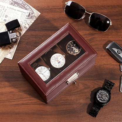 Uhrenbox mit 3 Fächern und Glasdeckel, Espresso