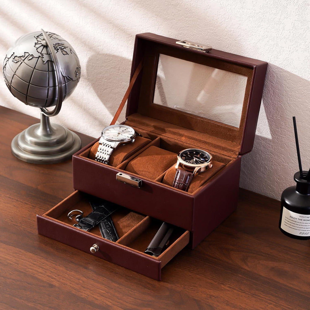 Uhrenbox mit 3 Fächern und Glasdeckel, Espresso