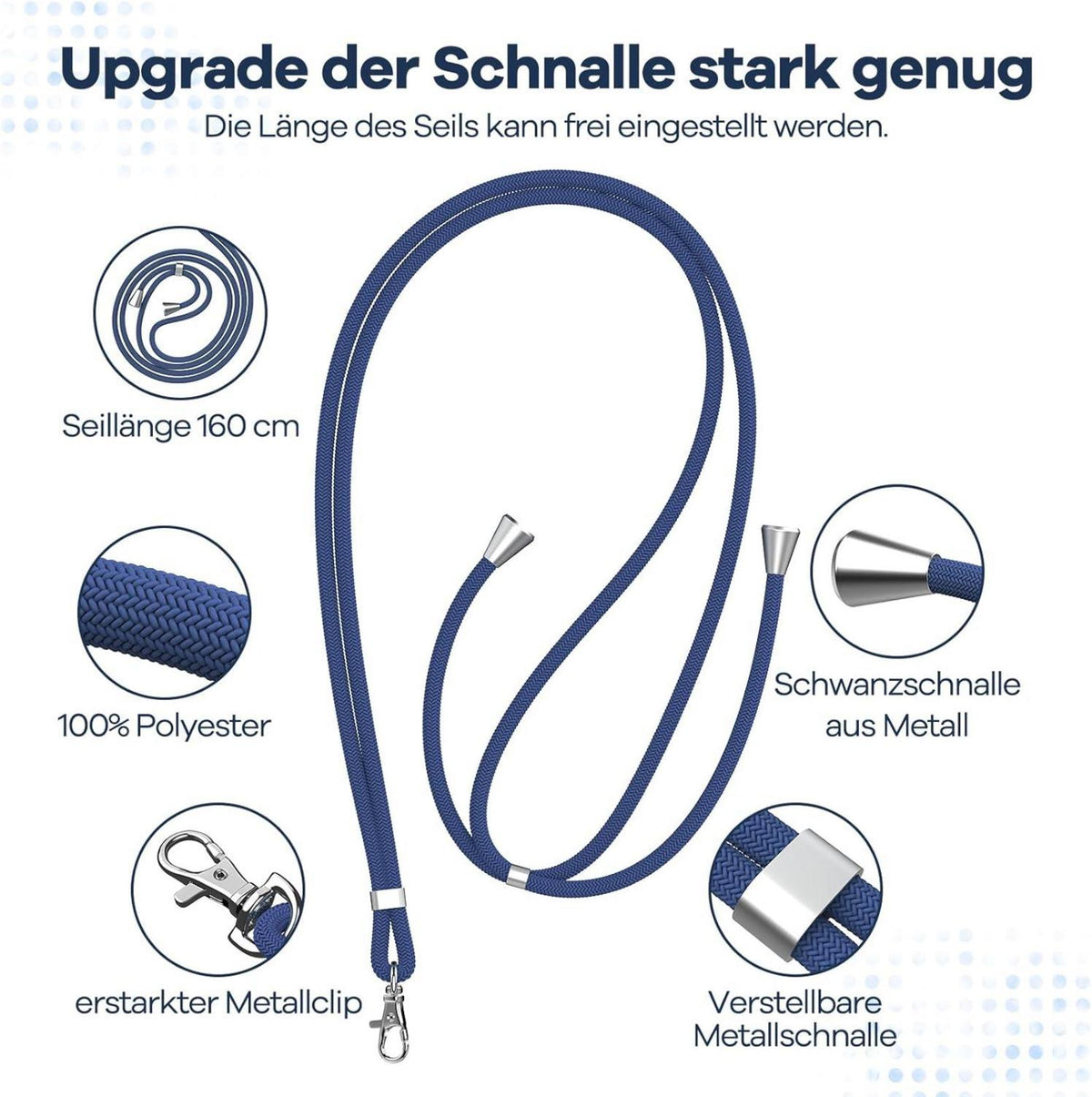 Handykette Universal mit 2 Patch für Smartphones - Blau, Einstellbar