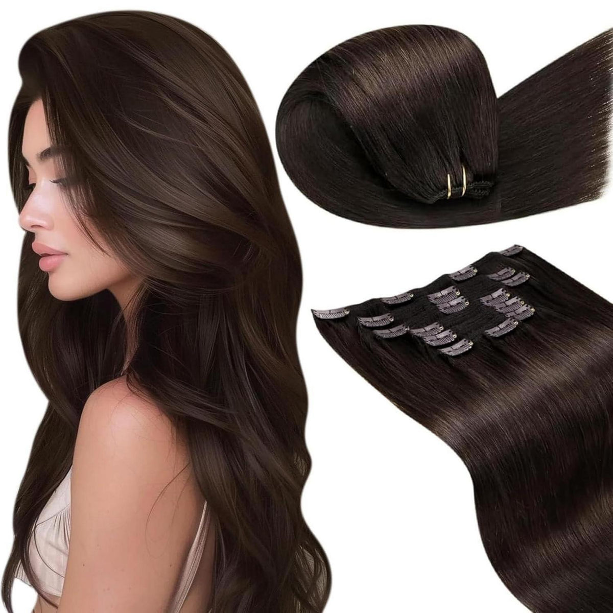 Clip-in Echthaar Extensions Dunkelbraun 55cm