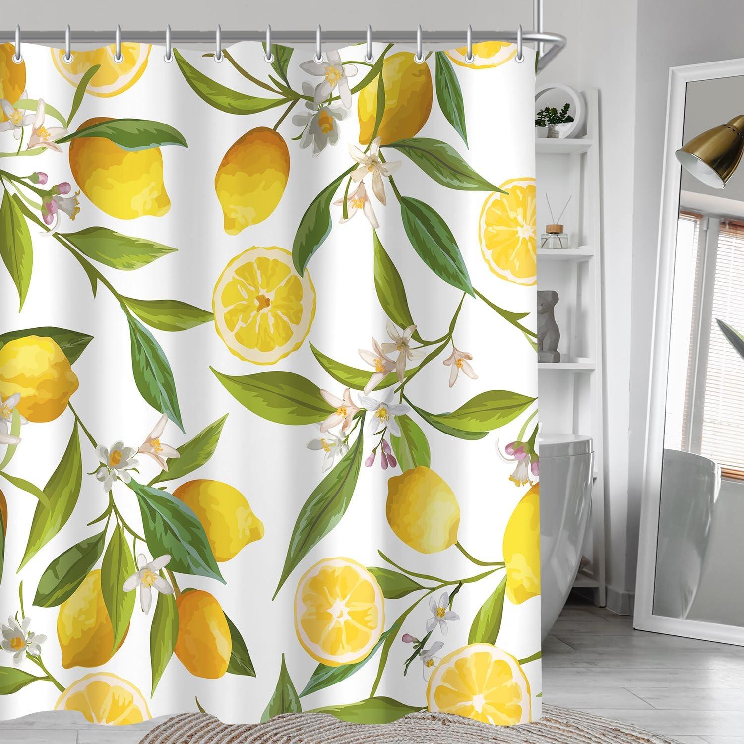 Lerores Duschvorhang Zitrone Blatt 180x200cm wasserabweisend mit Saum - Antischimmel, waschbar, Polyester, Badezimmer, Badewanne