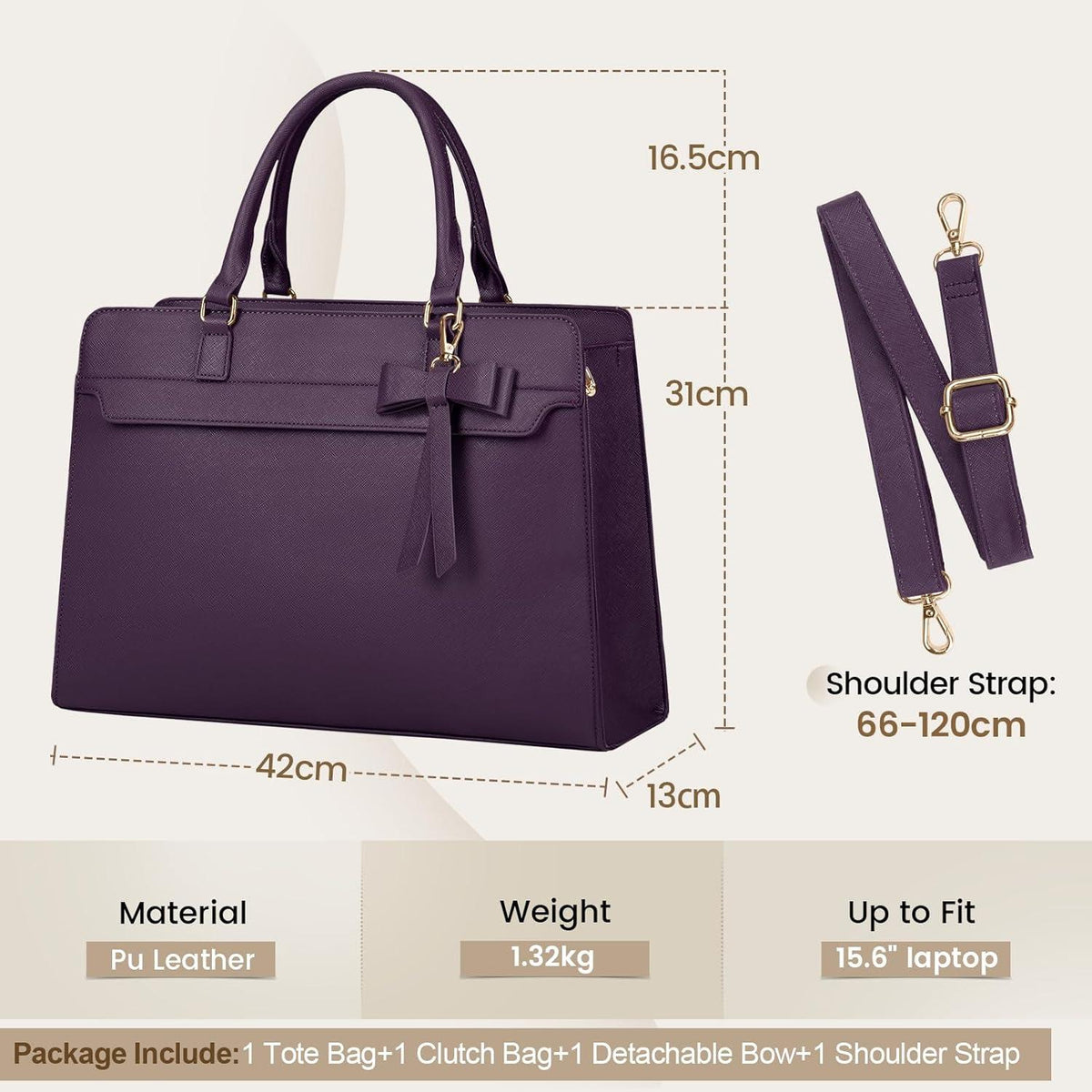 Laptoptasche Damen 15.6 Zoll Wasserfest PU Leder groß lila