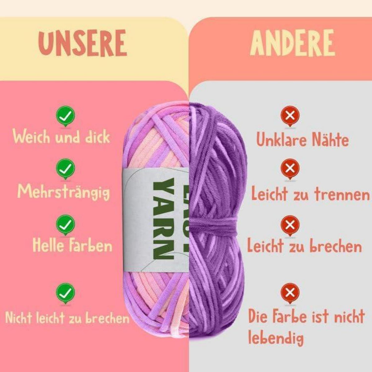 Dickes Häkelgarn für Anfänger, 4x50g Gelb+Grün+Blau+Rosa