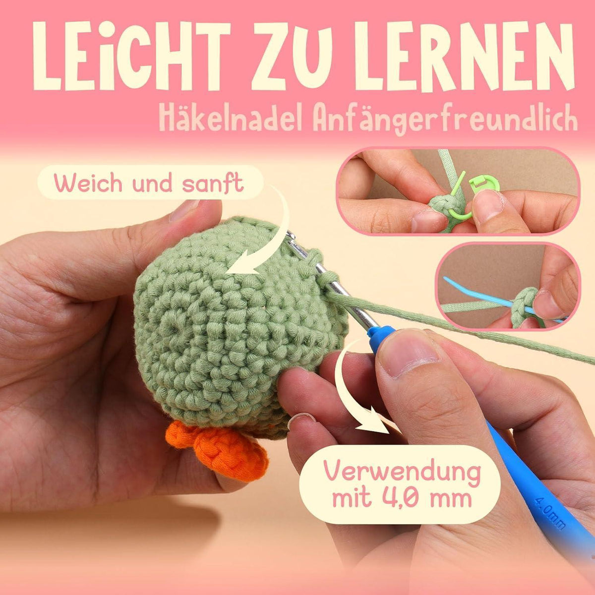 4x 50g Häkelwolle - Dicke Baumwolle, Beige + Grün + Rosa + Lila