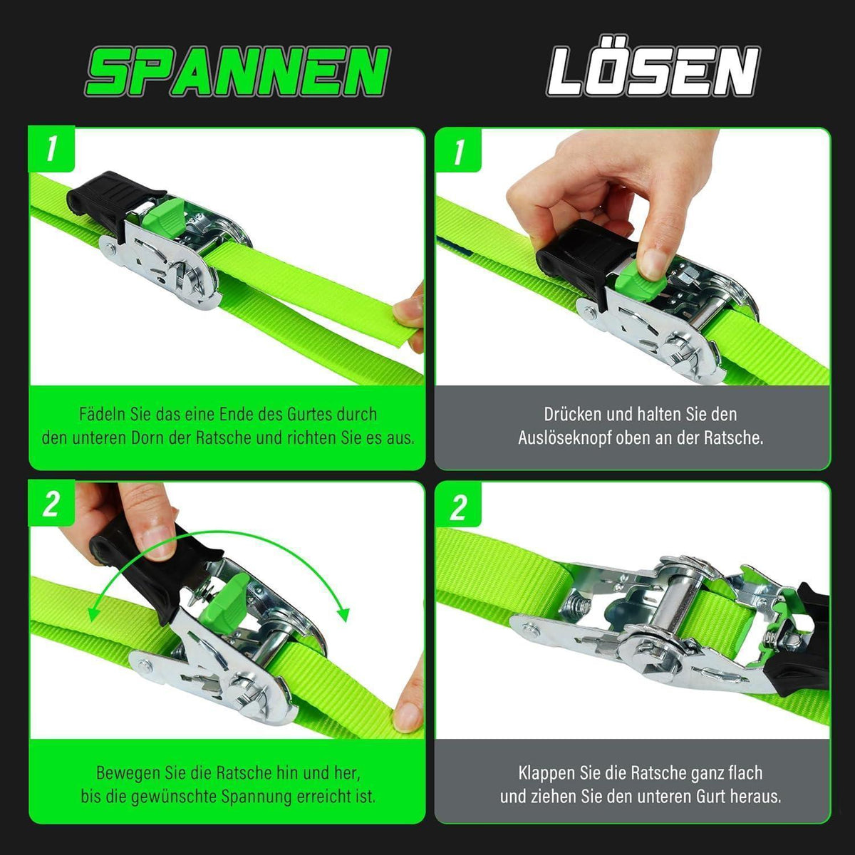 Spanngurte mit Ratsche 4er Set – 900kg Bruchlast, 4m lang