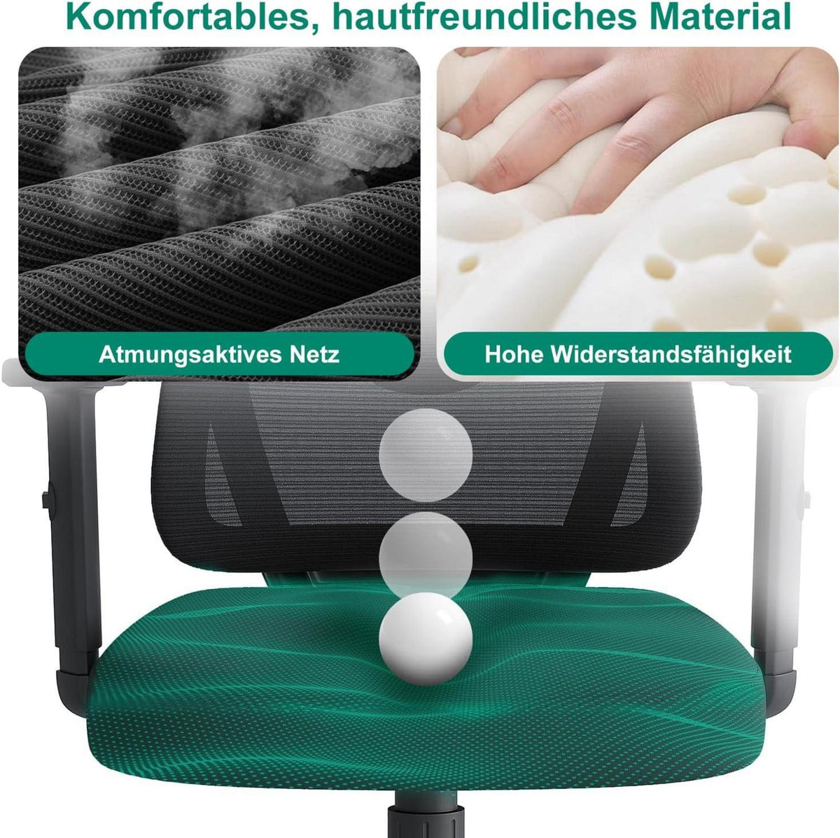 Ergonomischer Bürostuhl mit Lordosenstütze und Armlehne, Schwarz