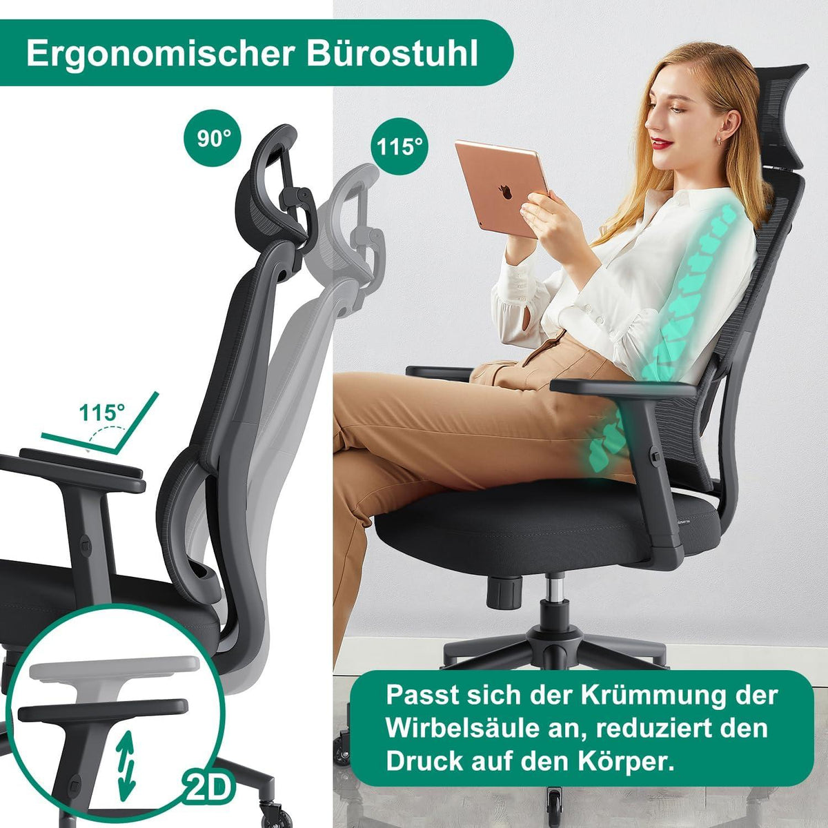 Ergonomischer Bürostuhl Schwarz mit Automatischer Lordosenstütze