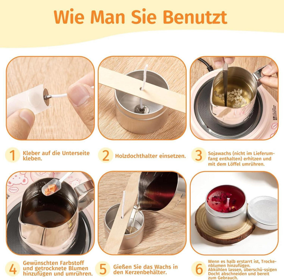 DIY Kerzen Set: Wachsschmelztopf, Kerzendochte, 6 Farben, getrocknete