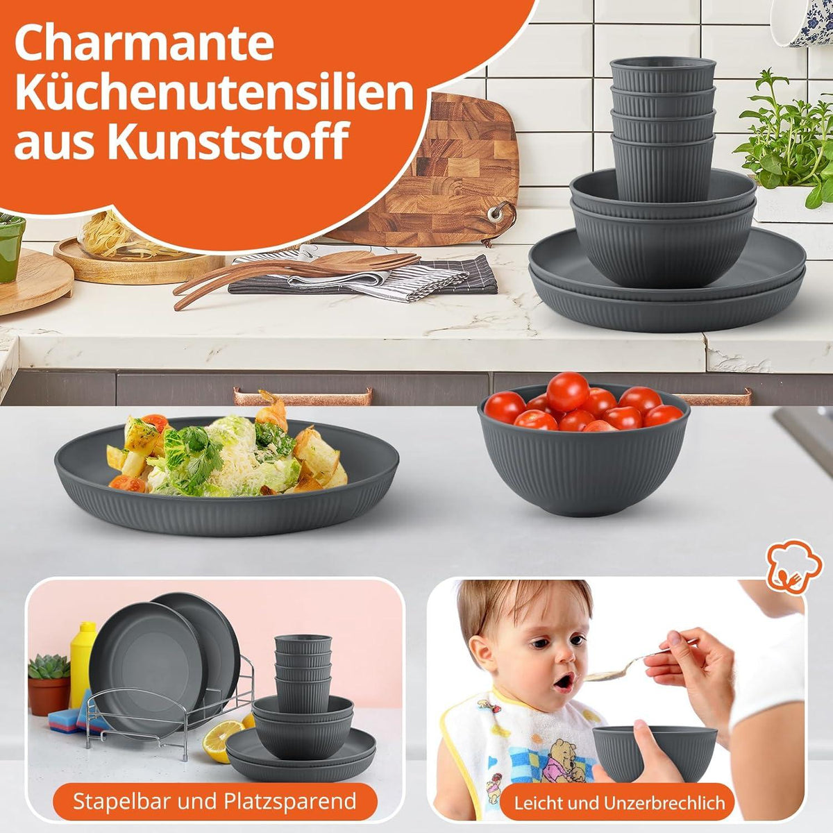 Küchengeschirr Set 12-teilig für 4 Personen Stapelbar und unzerbrechlich Dunkelgrau