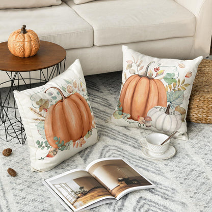Herbst Kürbisse Blätter Kissenbezug 2er Set 45x45cm Orange