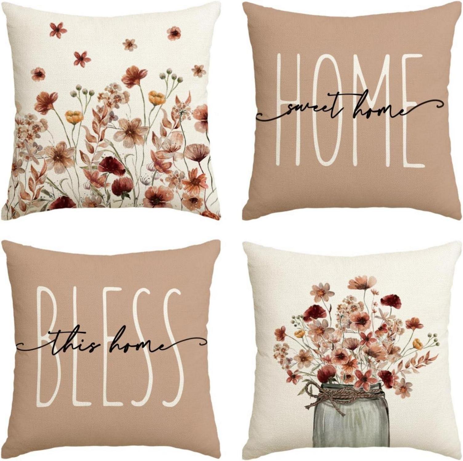 Herbst Kissenbezüge Blumen Blätter Vase Deko 4er Set 45x45cm