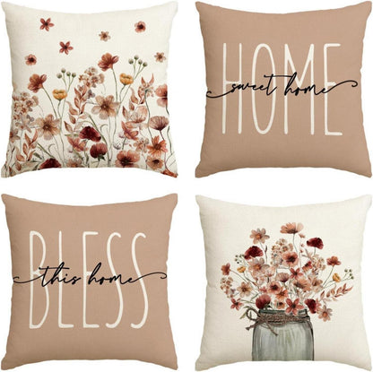 Herbst Kissenbezüge Blumen Blätter Vase Deko 4er Set 45x45cm