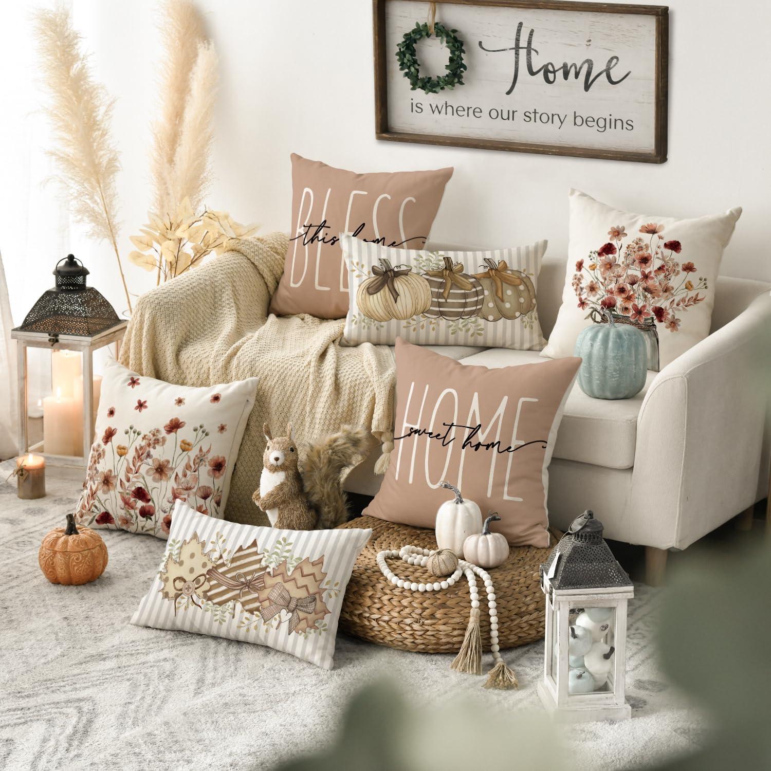 Herbst Blumen Blätter Kissenbezüge 4er Set 45x45 cm Braun