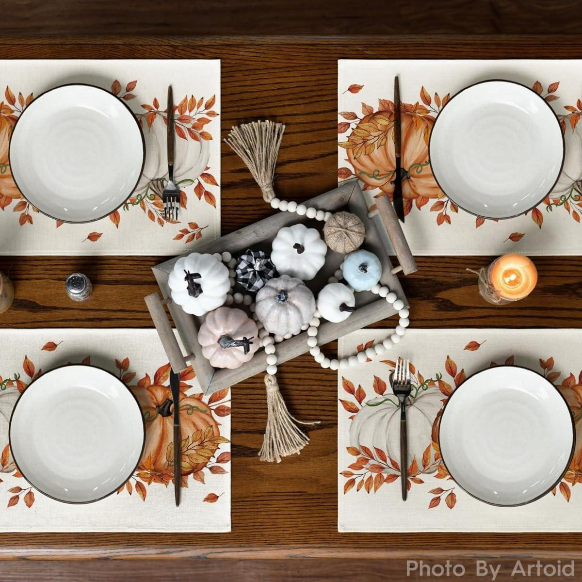 Artoid Mode Herbst Planken Blätter Orange Kürbisse Platzsets 4er Set