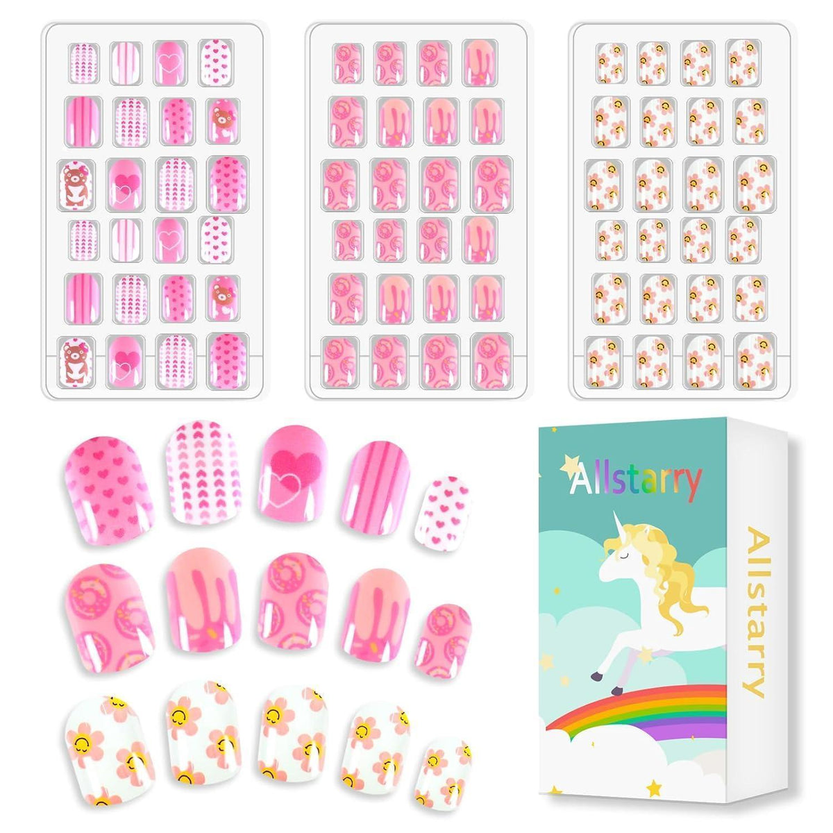 Künstliche Nägel für Kinder – 72er Set Bär, Blume, Donut Rosa