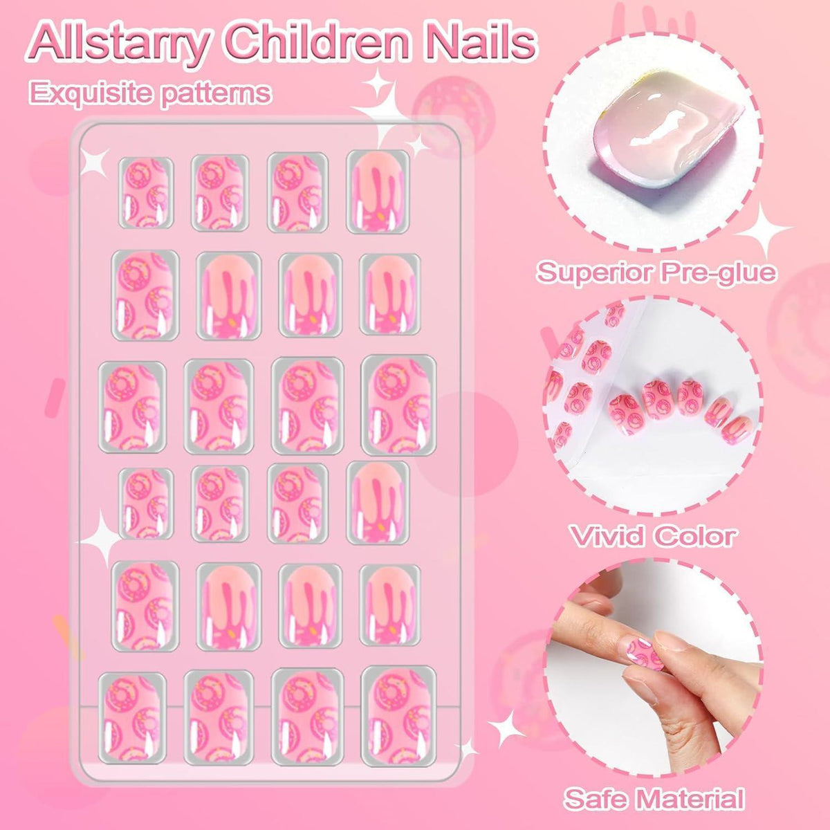 Künstliche Nägel für Kinder – 72er Set Bär, Blume, Donut Rosa