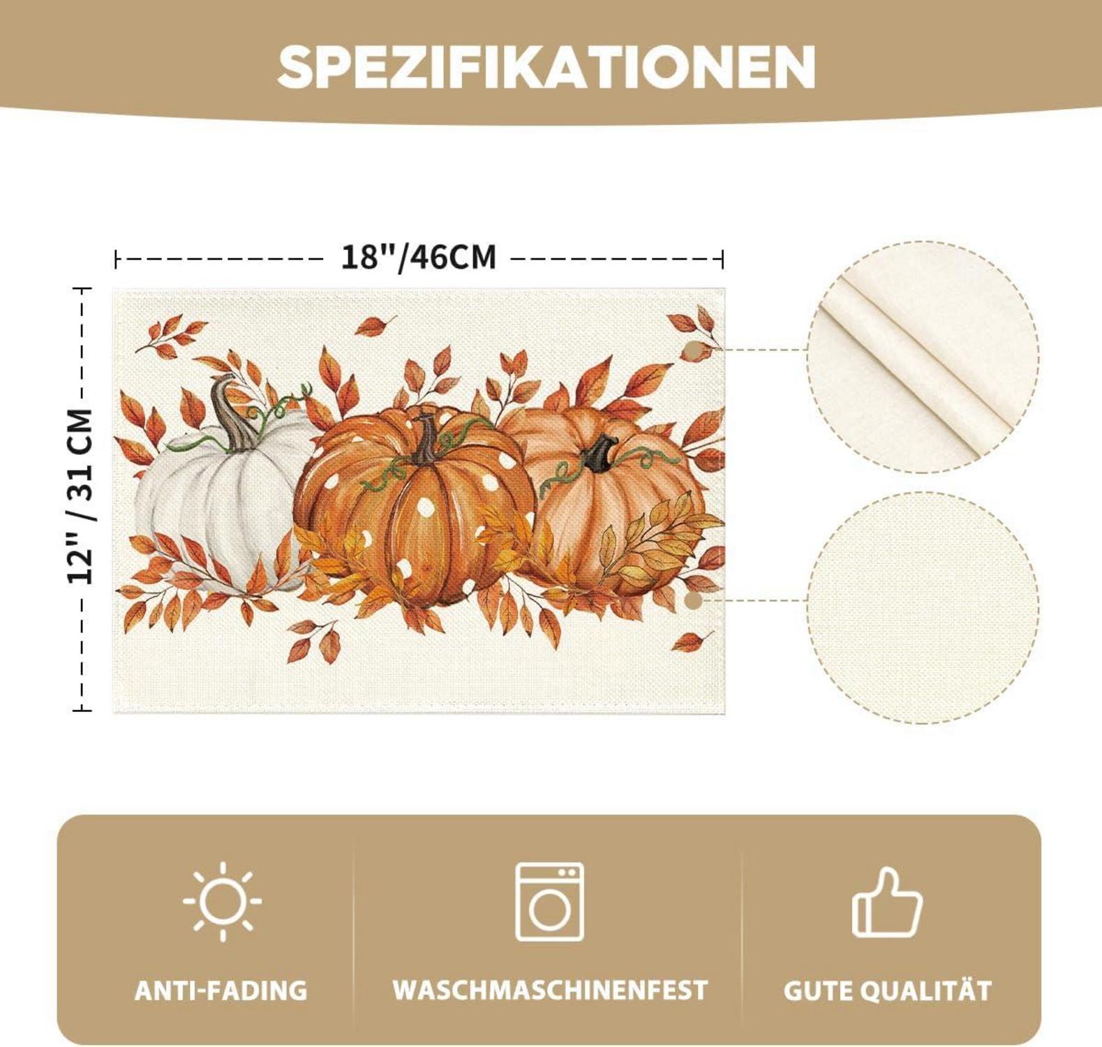 Herbst Orange Kürbisse Blätter Platzsets 8er Set 30x45cm