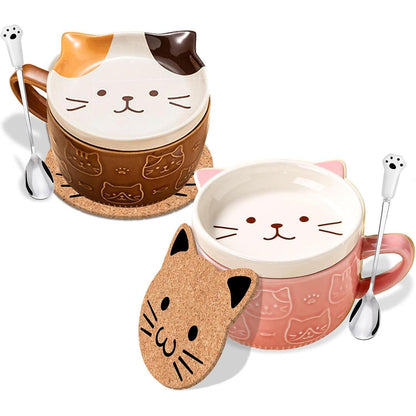 2er Set Keramik Katzen Tassen mit Deckel, Braun & Rosa