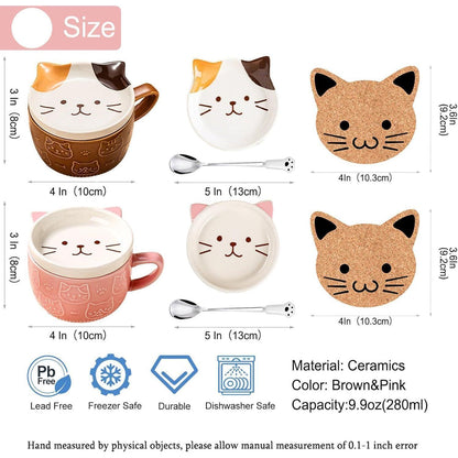2er Set Keramik Katzen Tassen mit Deckel, Braun & Rosa