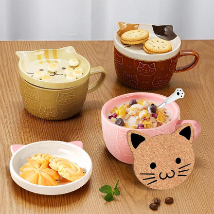 2er Set Keramik Katzen Tassen mit Deckel, Braun & Rosa