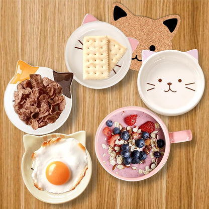 2er Set Keramik Katzen Tassen mit Deckel, Braun & Rosa