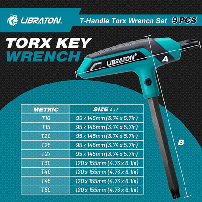 Torx-Schlüsselsatz mit T-Griff, 9-teilig, T10-T50, inkl. Regal