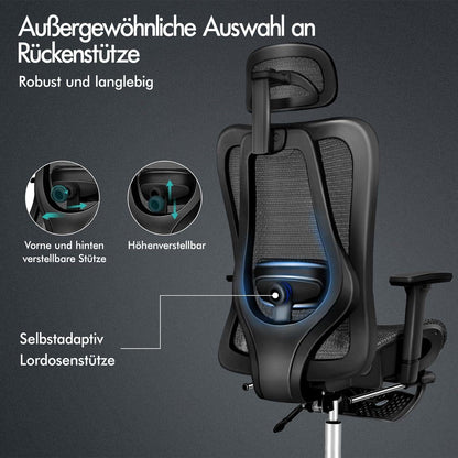 ALFORDSON Ergonomischer Netz-Bürostuhl mit 3D-Armlehne und Lendenwirbelstütze, Schwarz