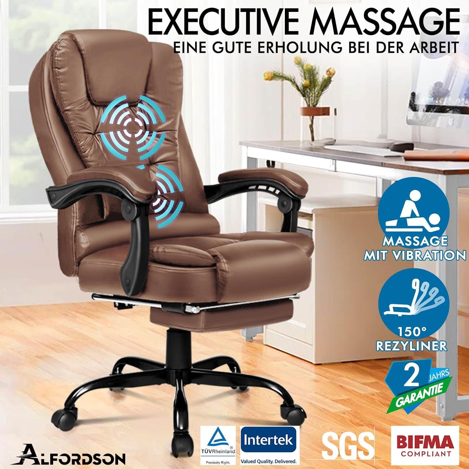 Ergonomischer Bürostuhl mit Massagefunktion und Fußstütze, Leder, Braun