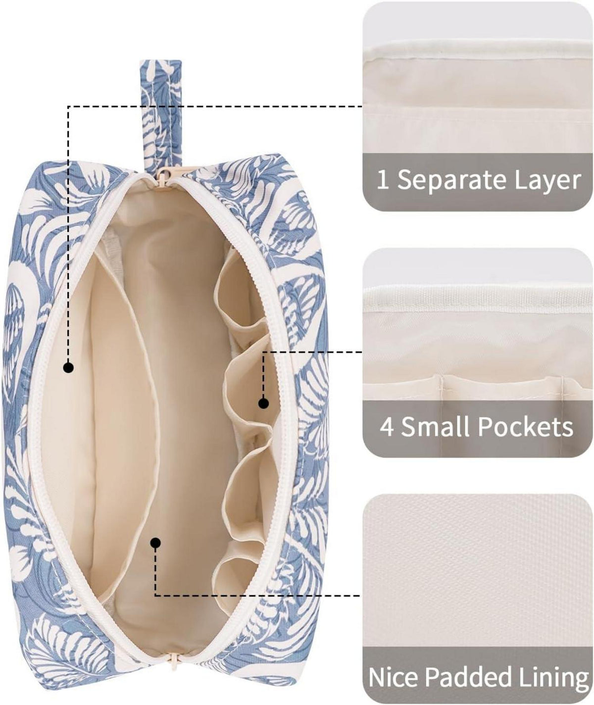 Narwey Make-up Tasche Kulturbeutel Reißverschluss Blaues Blatt