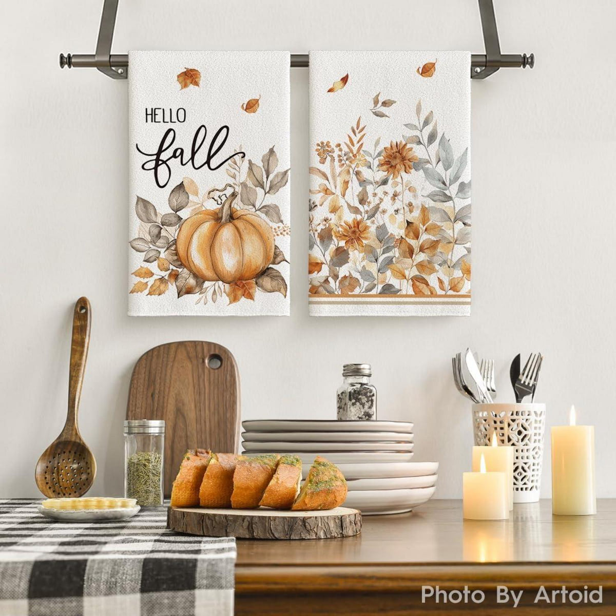 Artoid Mode Watercolor Blätter Kürbisse Herbst Küchentücher
