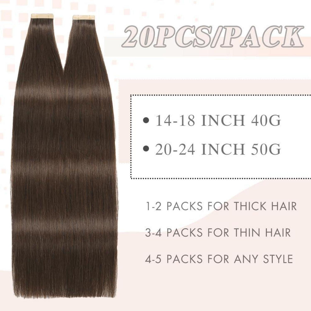 Echthaar Tape Extensions Dunkelbraun 50cm (20 Zoll)