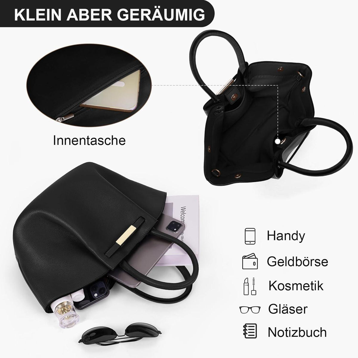 TIAASTAP Handtasche Damen Shopper Kunstleder Schultertasche Schwarz