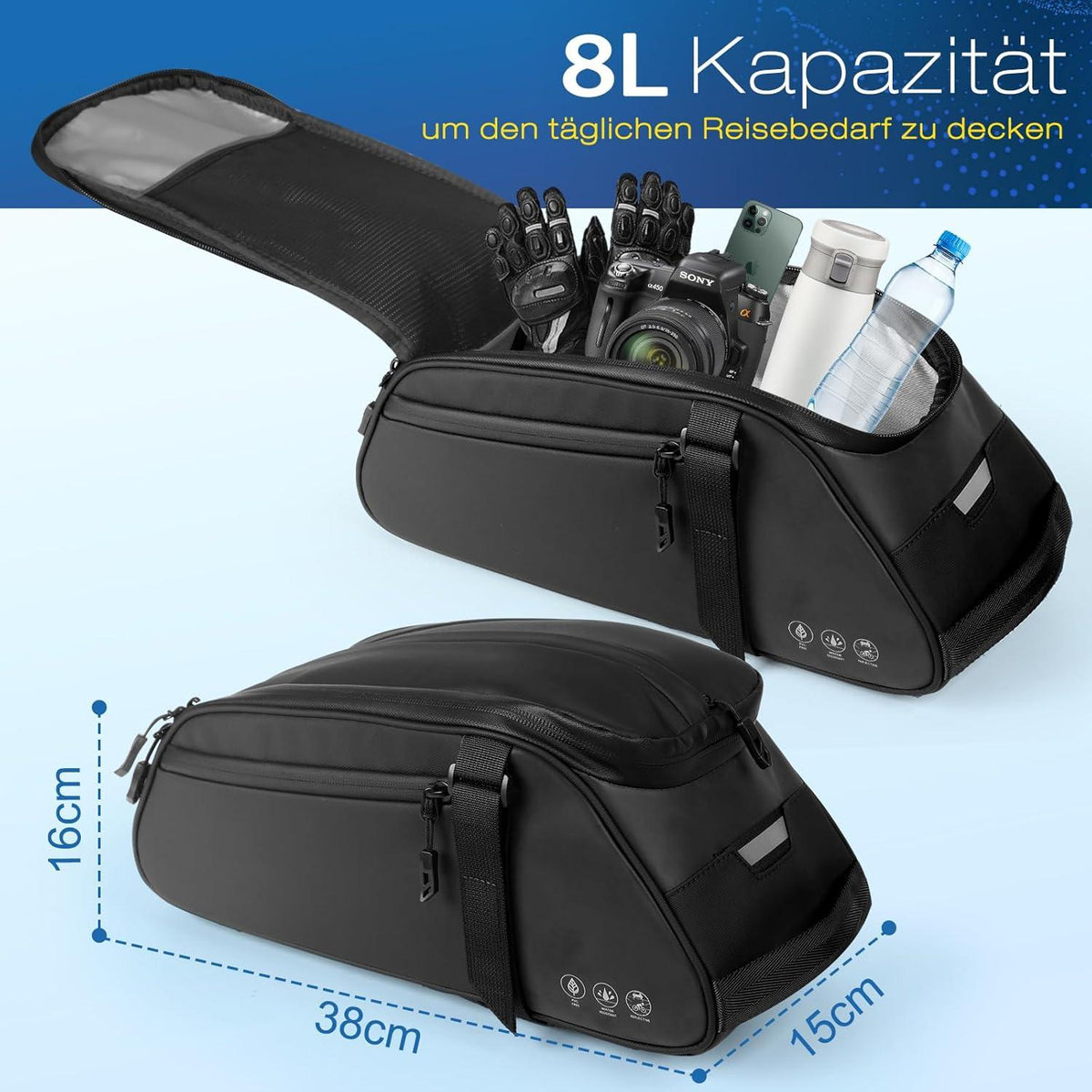 Toptrek 3-in-1 Gepäckträgertasche 8L Volumen mit Regenschutz