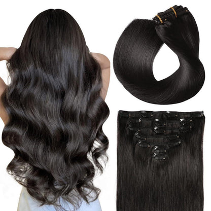 Echthaar Clip-In Extensions Gerade Schwarz 14 Zoll