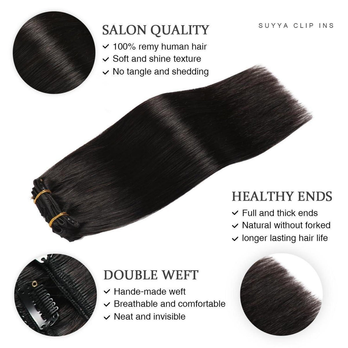Echthaar Clip-In Extensions Gerade Schwarz 14 Zoll