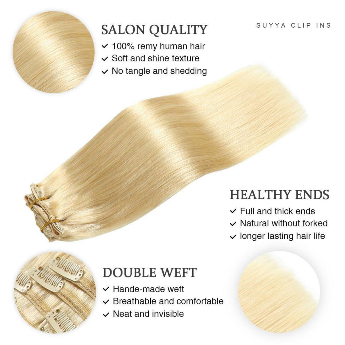 Echthaar Clip-in Extensions Gerade #613 Bleichblond 50cm