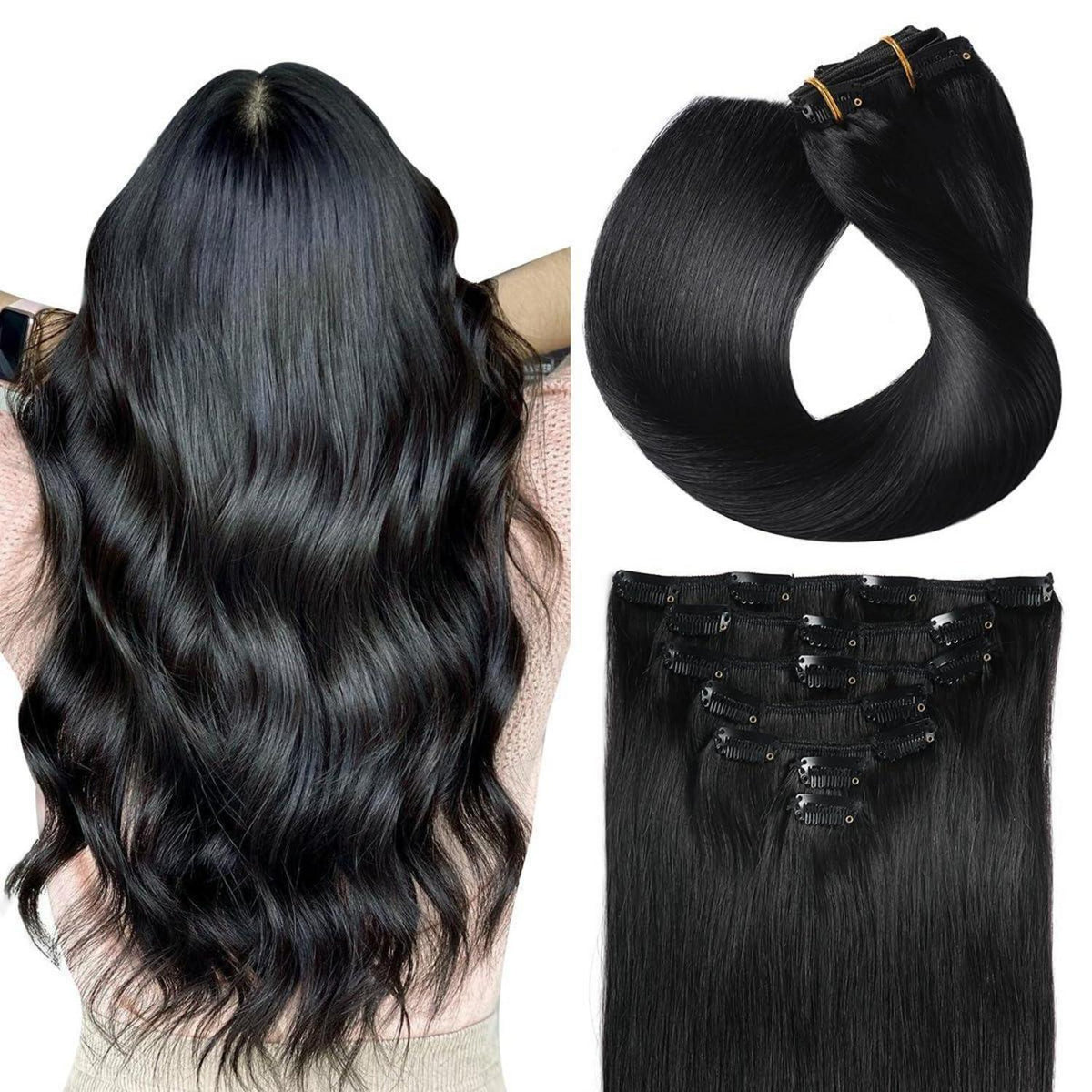 Echthaar Clip-In Extensions Gerade #1 Tief Schwarz 35cm