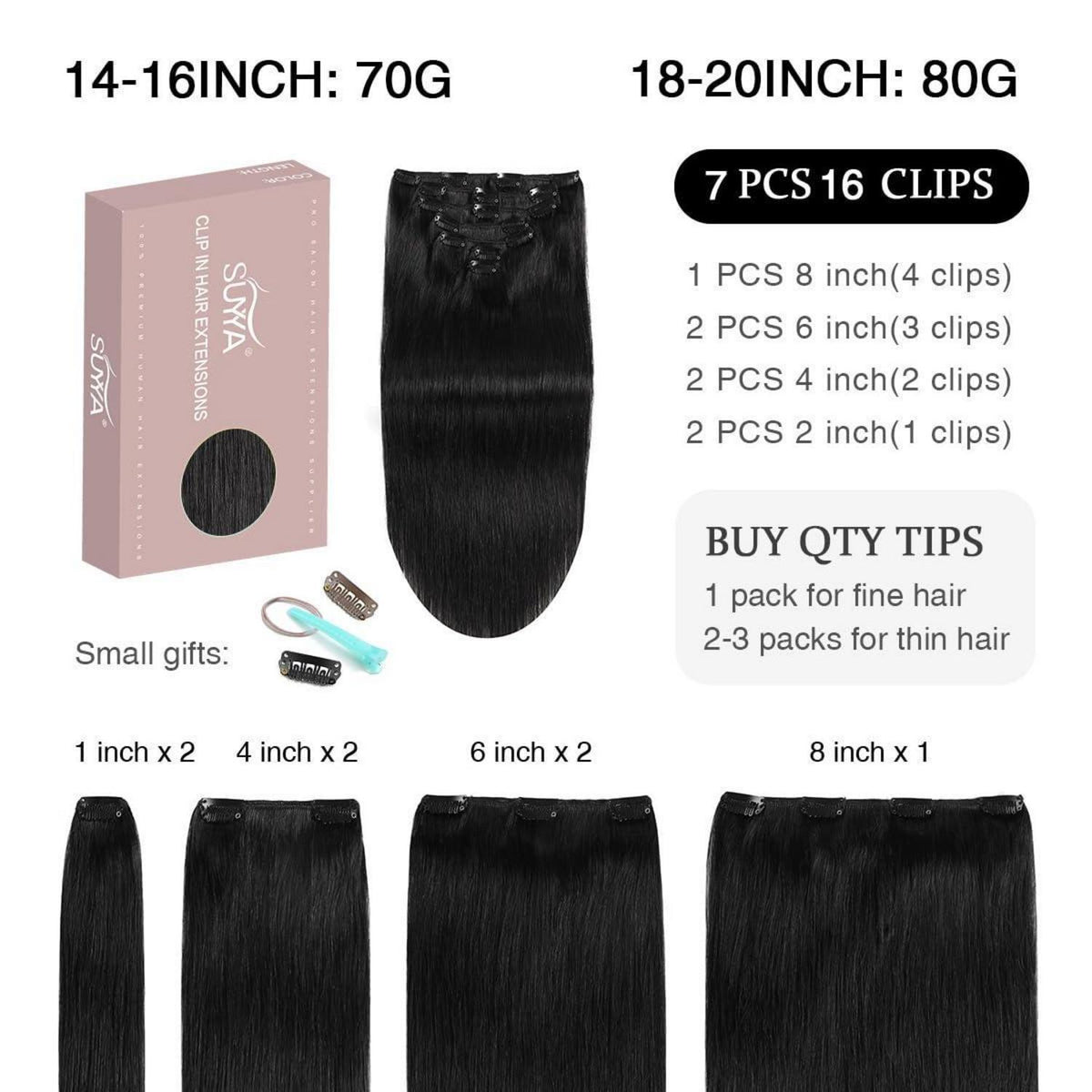 Echthaar Clip-In Extensions Gerade #1 Tief Schwarz 35cm